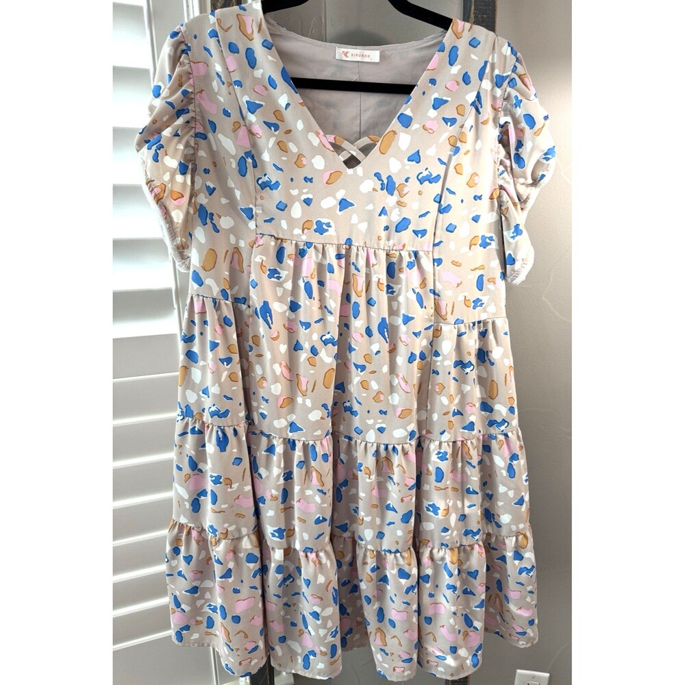 Kirundo Beige and Blue Tiered  ruffle dress with Criss Cross Front Size Large